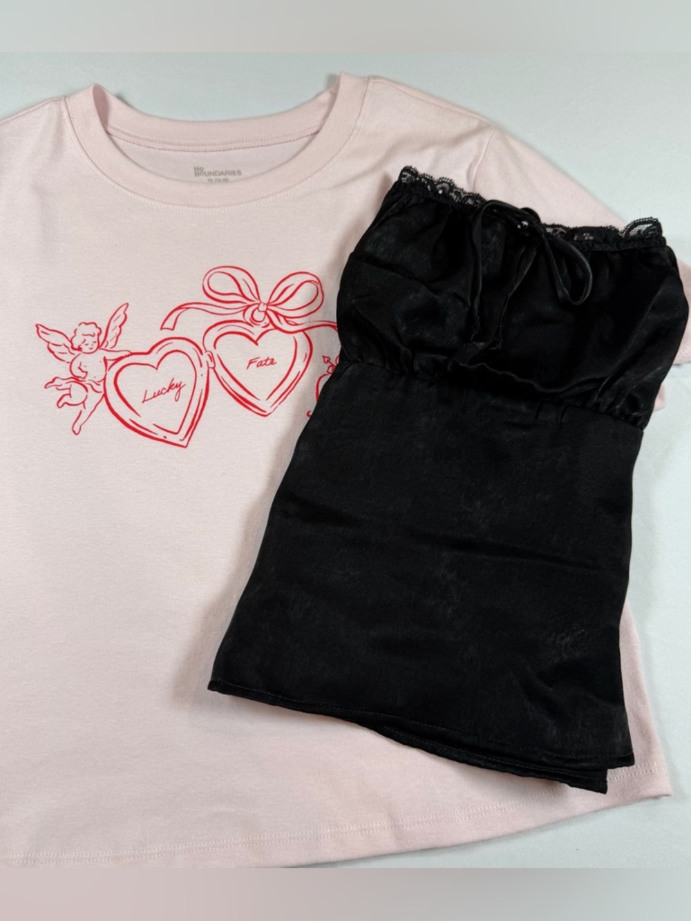 BUNDLES!!! Light Pink Tee w/ Gray Logo & Black Satin‎ Lace-Trim Cami Top X-LARGE